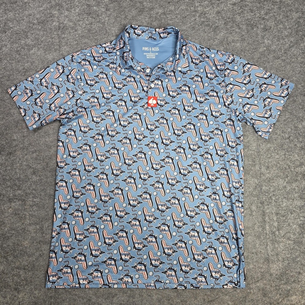 Pins & Aces Polo Shirt Mens XL Blue CHGO All Over Print Golf Performance Stretch